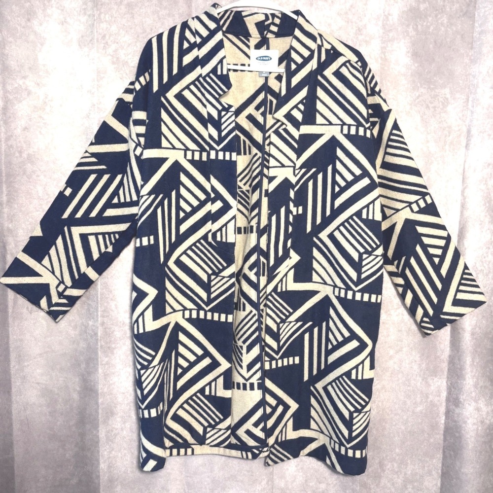 Old Navy Geometric Aztec Open Front Coat Women Size Medium Navy Cream Boho Retro